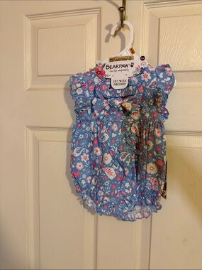 BearPaw Blue Floral Ruffle Baby Romper with matching elastic hair bow, new w/tag